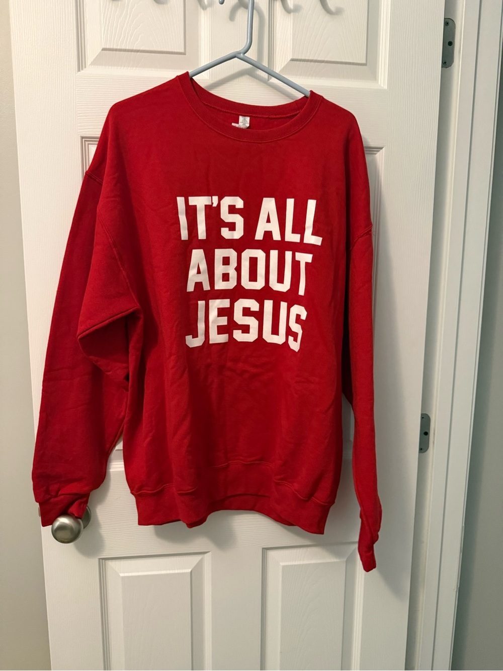 Halo Red Crewneck Sweatshirt with White 'It's All About Jesus' Text